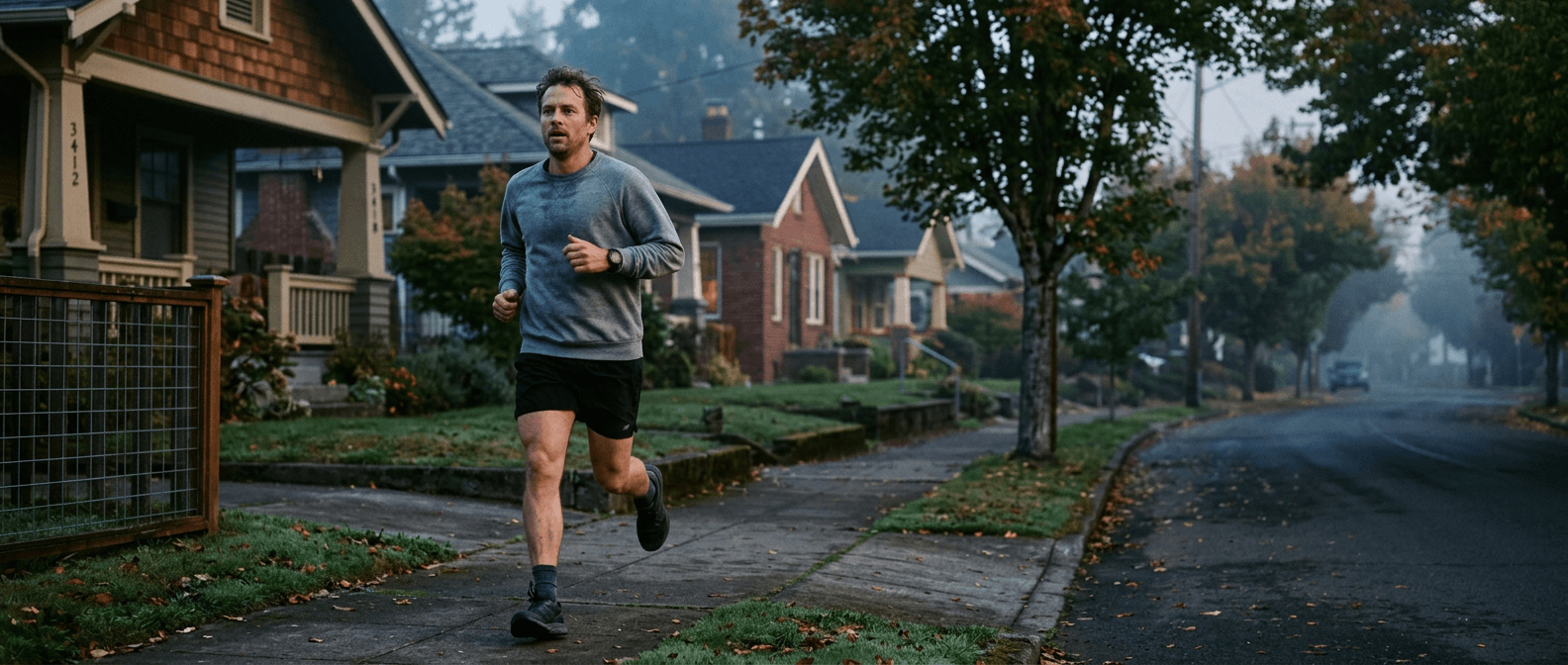 A man walking briskly on a misty morning sidewalk in running clothes