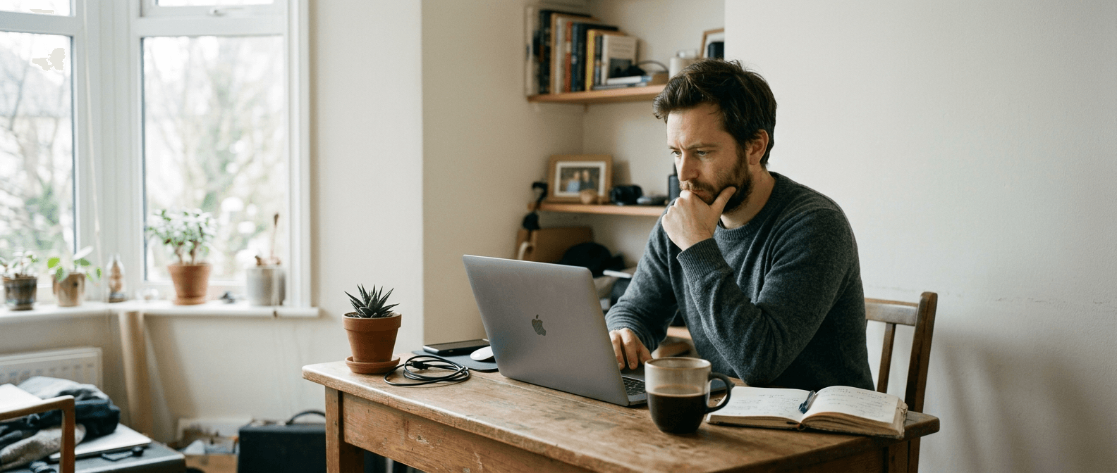 A man at a small home office desk, hand on chin, looking at his laptop