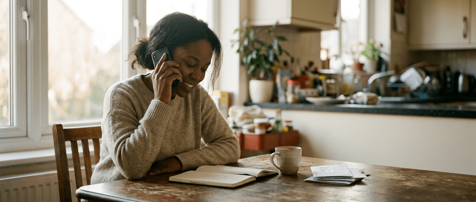 A woman on the phone at a worn wooden kitchen table with a mug, mail, and an open notebook