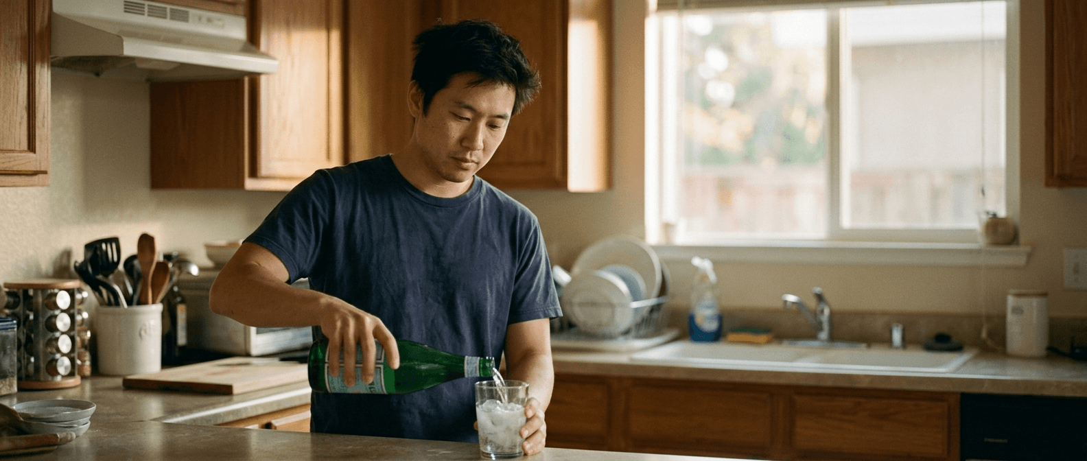 A man pouring sparkling water from a green bottle in a sunlit kitchen