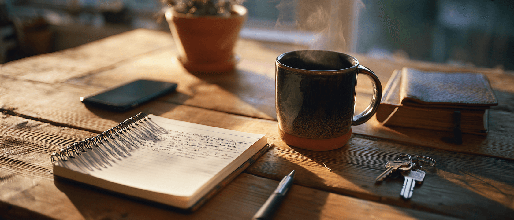 An overhead view of a sunlit wooden kitchen table holding an open notebook, a steaming ceramic mug, a phone, keys, and a small potted plant