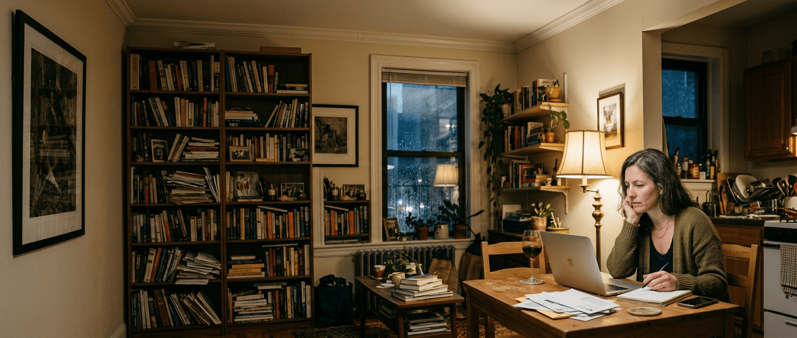 A woman at a dining table with a laptop, notebook, and books behind her